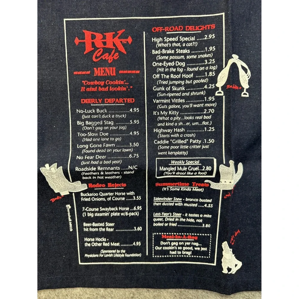 Roadkill Cafe Apron Men OS Navy Blue Cowboy Menu Graphic Denim BBQ NEW!